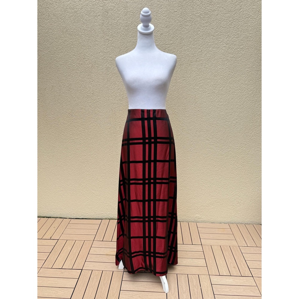 JS collections red and black plaid maxi acetate  skirt